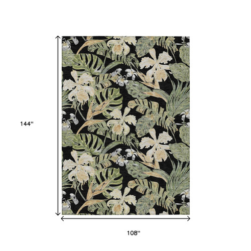 9' X 12' Black Beige And Fern Green Botanical Leaves Washable Indoor Outdoor Area Rug