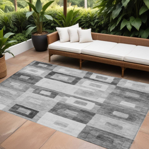 10' X 14' Gray And Charcoal Geometric Washable Indoor Outdoor Area Rug