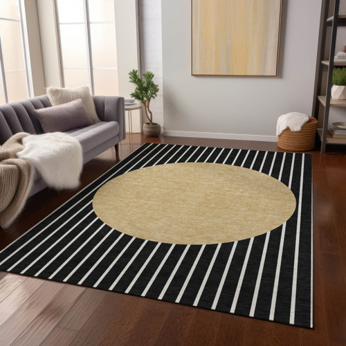 9' X 12' Black And Beige Striped Washable Indoor Outdoor Area Rug