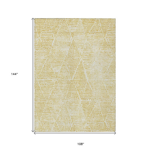 9' X 12' Wheat Gold And Ivory Geometric Washable Indoor Outdoor Area Rug