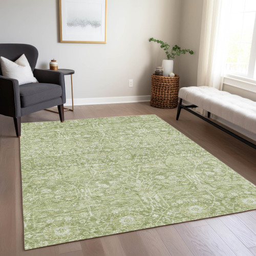 10' X 14' Artichoke Green And Ivory Floral Washable Indoor Outdoor Area Rug