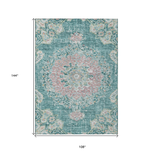 9' X 12' Teal Blue Floral Medallion Washable Indoor Outdoor Area Rug