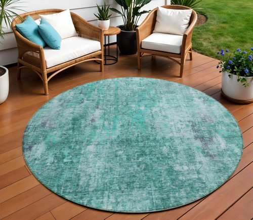 8' Teal Blue Green And Gray Round Abstract Washable Indoor Outdoor Area Rug