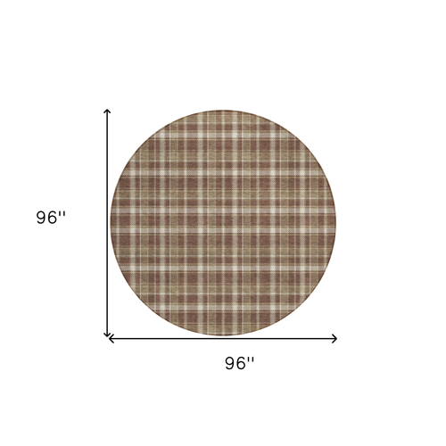8' Round Chocolate and Ivory Round Plaid Washable Non Skid Indoor Outdoor Area Rug