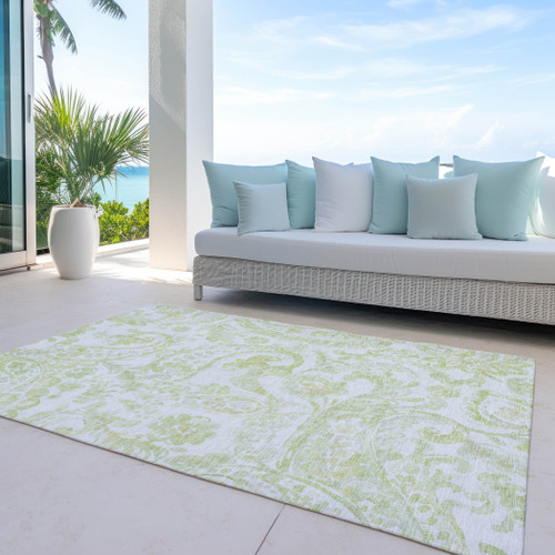 8' X 10' Sage Green And Ivory Paisley Washable Indoor Outdoor Area Rug