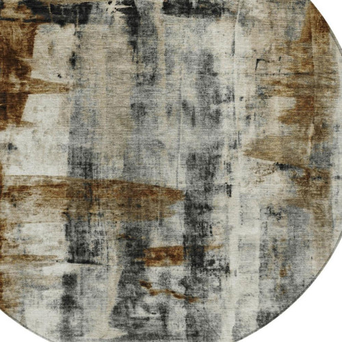 8' Taupe And Ivory Round Abstract Washable Indoor Outdoor Area Rug - Taupe, Ivory