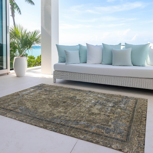 10' X 14' Brown And Denim Blue Medallion Washable Indoor Outdoor Area Rug