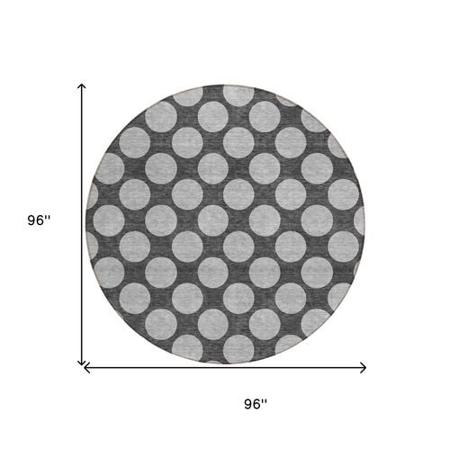 8' Charcoal And Ivory Round Polka Dot Washable Indoor Outdoor Area Rug