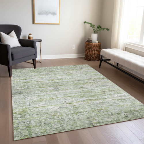 8' X 10' Artichoke Green And Ivory Striped Washable Indoor Outdoor Area Rug