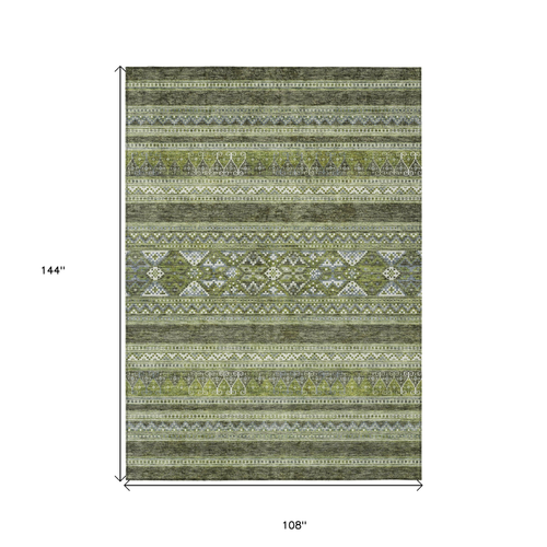 9' X 12' Olive Green And Artichoke Green Southwestern Washable Indoor Outdoor Area Rug