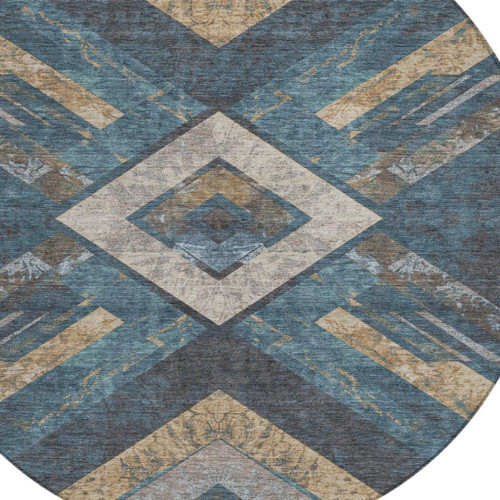 8' Navy Blue And Beige Round Geometric Washable Indoor Outdoor Area Rug