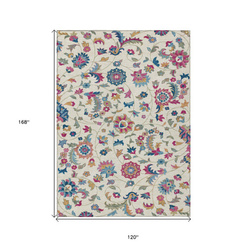 10' X 14' Linen Pink And Denim Blue Floral Washable Indoor Outdoor Area Rug