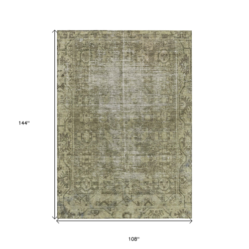 9' X 12' Olive Green Oriental Washable Indoor Outdoor Area Rug