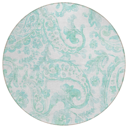 8' Turquoise And Ivory Round Paisley Washable Indoor Outdoor Area Rug
