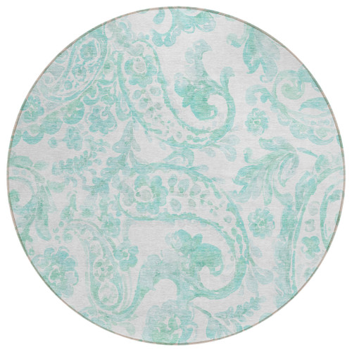 8' Turquoise And Ivory Round Paisley Washable Indoor Outdoor Area Rug