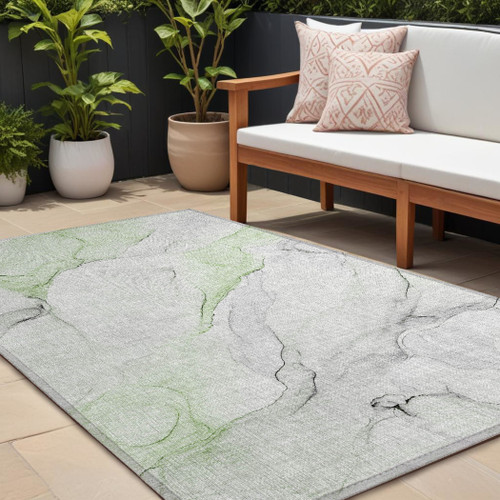10' X 14' Green Abstract Washable Non Skid Indoor Outdoor Area Rug