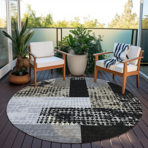 8' Black Taupe And Ivory Round Geometric Washable Indoor Outdoor Area Rug