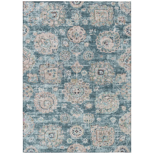 10' X 14' Teal Blue And Sky Blue Floral Washable Indoor Outdoor Area Rug