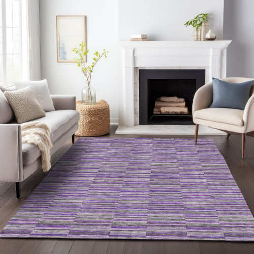 9' X 12' Purple And Lavender Striped Washable Indoor Outdoor Area Rug
