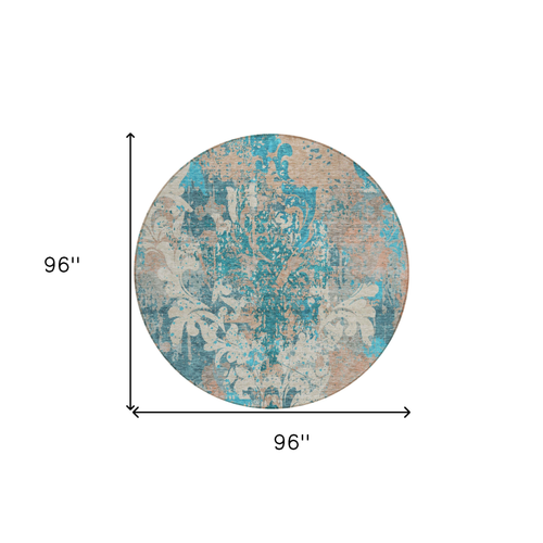 8' Teal Blue Ivory And Light Brown Round Damask Washable Indoor Outdoor Area Rug