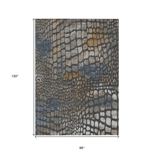 8' X 10' Charcoal Brown And Copper Abstract Washable Indoor Outdoor Area Rug