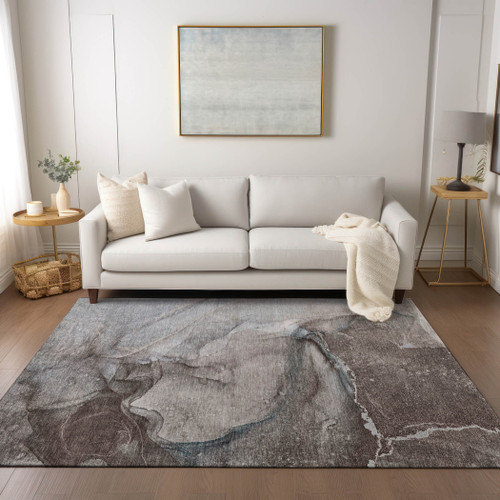 9' X 12' Taupe Abstract Washable Non Skid Indoor Outdoor Area Rug
