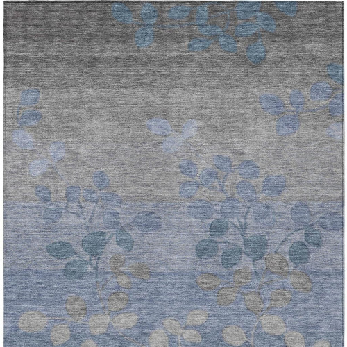 10' X 14' Denim Blue And Gray Floral Washable Indoor Outdoor Area Rug