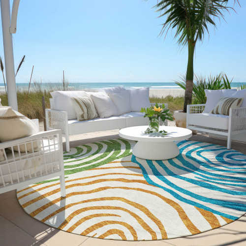8' White Orange And Teal Blue Round Abstract Washable Indoor Outdoor Area Rug