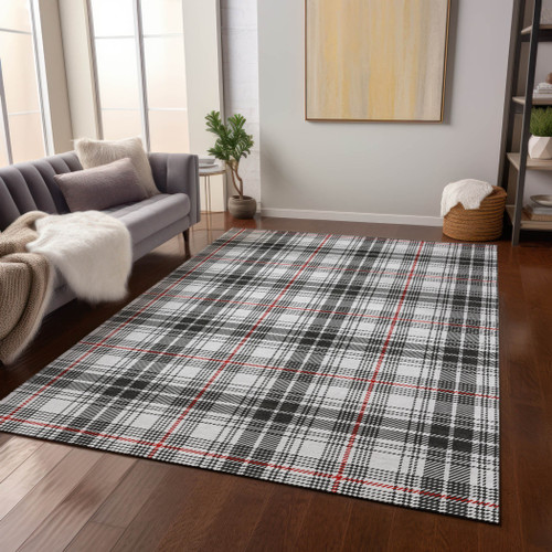8' X 10' Black Ivory And Red Plaid Washable Indoor Outdoor Area Rug