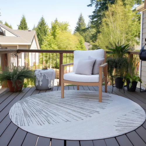8' Gray And Ivory Round Abstract Washable Indoor Outdoor Area Rug