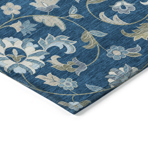 8' X 10' Navy Blue Ivory And Gray Floral Washable Indoor Outdoor Area Rug