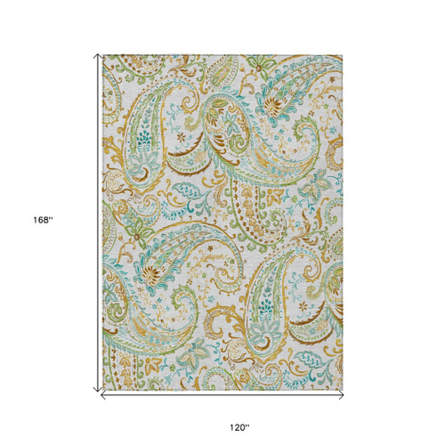 10' X 14' Ivory and Gold Paisley Washable Non Skid Indoor Outdoor Area Rug