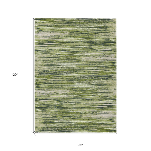 8' X 10' Olive Green And Ivory Striped Washable Indoor Outdoor Area Rug