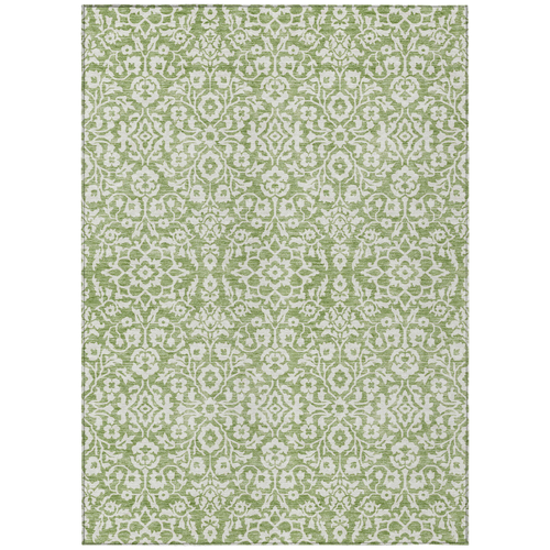 9' X 12' Green And Ivory Damask Washable Indoor Outdoor Area Rug