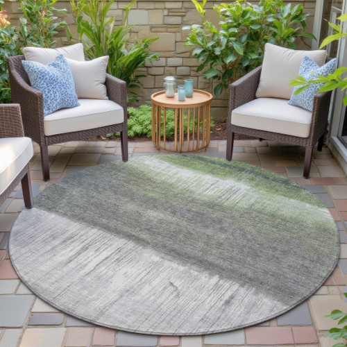 8' Fern Green And Gray Round Abstract Washable Indoor Outdoor Area Rug