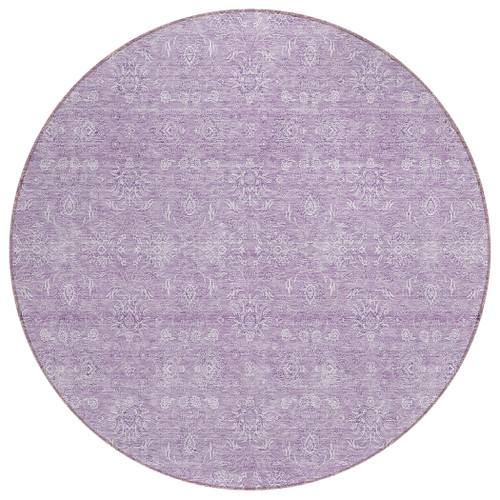 8' Lavender Lilac And Ivory Round Floral Washable Indoor Outdoor Area Rug