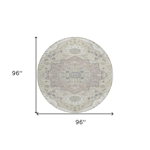 8' Ivory Beige And Gray Round Oriental Washable Indoor Outdoor Area Rug