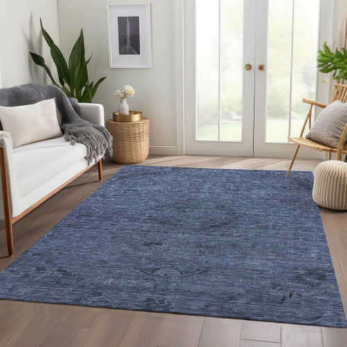 9' X 12' Navy Blue And Charcoal Floral Washable Indoor Outdoor Area Rug