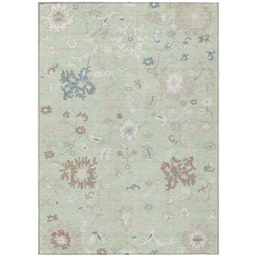 8' X 10' Artichoke Green Ivory And Brown Floral Washable Indoor Outdoor Area Rug