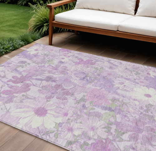 10' X 14' Lavender Purple And Lilac Floral Washable Indoor Outdoor Area Rug