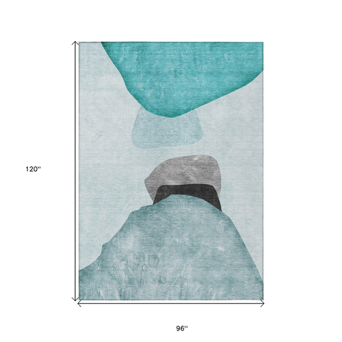 8' X 10' Ivory Teal and Gray Abstract Washable Non Skid Indoor Outdoor Area Rug