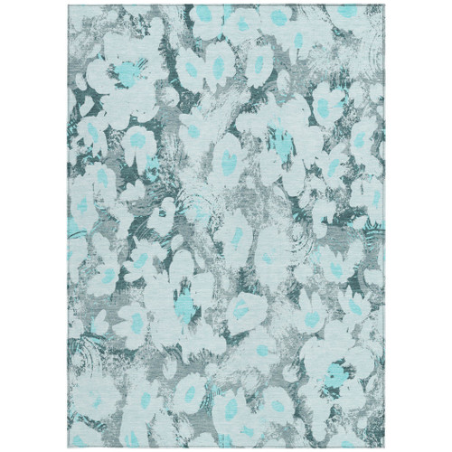 9' X 12' Teal Floral Washable Non Skid Indoor Outdoor Area Rug