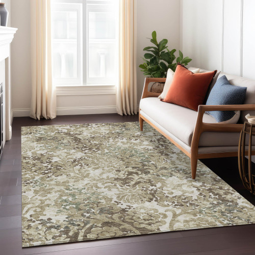 10' X 14' Beige Taupe And Brown Floral Washable Indoor Outdoor Area Rug