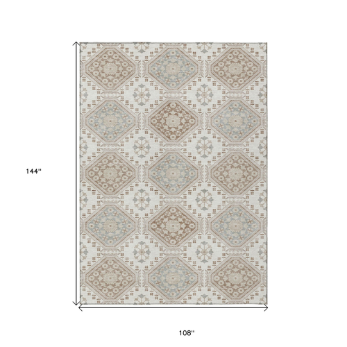 9' X 12' Ivory And Brown Floral Washable Indoor Outdoor Area Rug