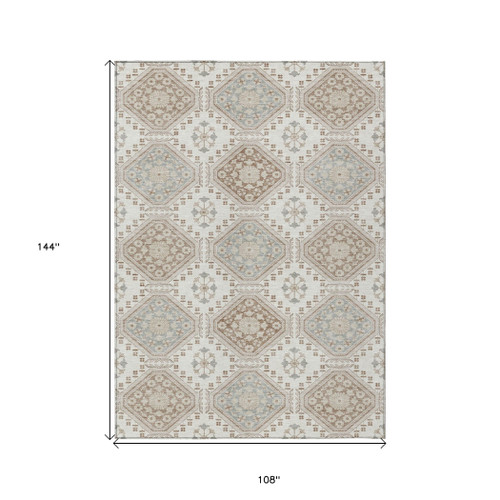 9' X 12' Ivory And Brown Floral Washable Indoor Outdoor Area Rug