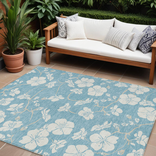 9' X 12' Sky Blue And Ivory Floral Washable Indoor Outdoor Area Rug Transitional Style - Sky Blue, Ivory Color