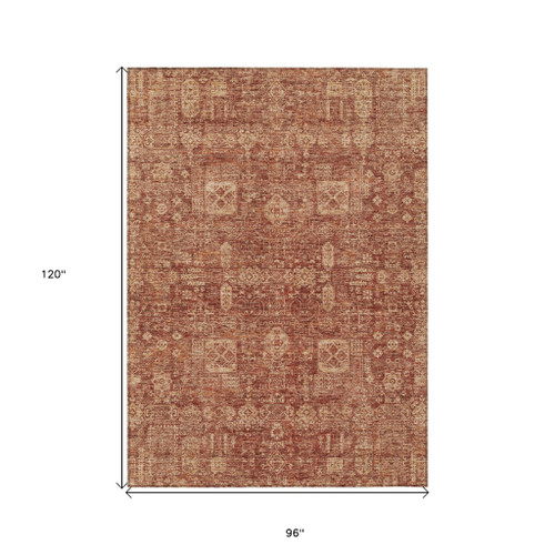8' X 10' Orange Copper And Terra Cotta Oriental Washable Indoor Outdoor Area Rug