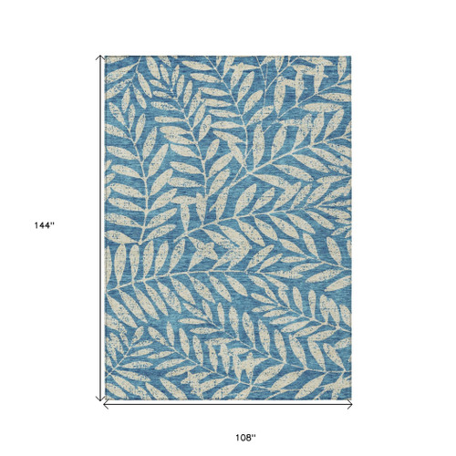 9' X 12' Teal Blue And Ivory Floral Washable Indoor Outdoor Area Rug