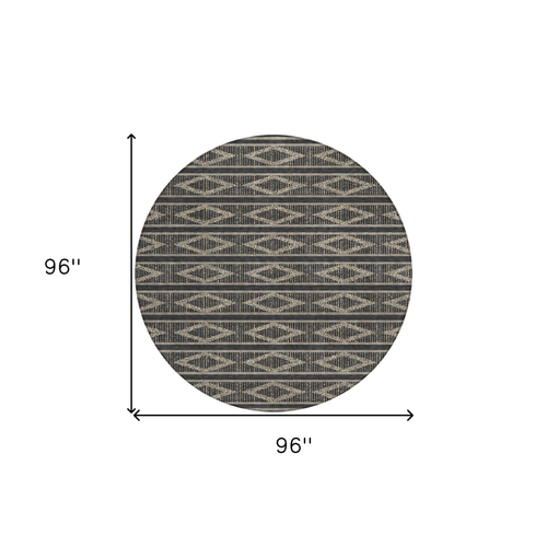 8' Black And Beige Round Geometric Washable Indoor Outdoor Area Rug