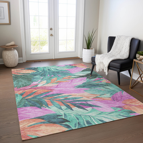 8' X 10' Teal Blue And Aqua Floral Washable Indoor Outdoor Area Rug